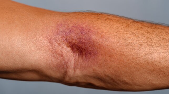 Purple bruise forms on human arm