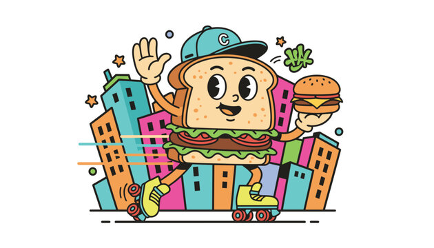 Retro cartoon sandwich character wearing roller skates and cap in front of colorful city buildings