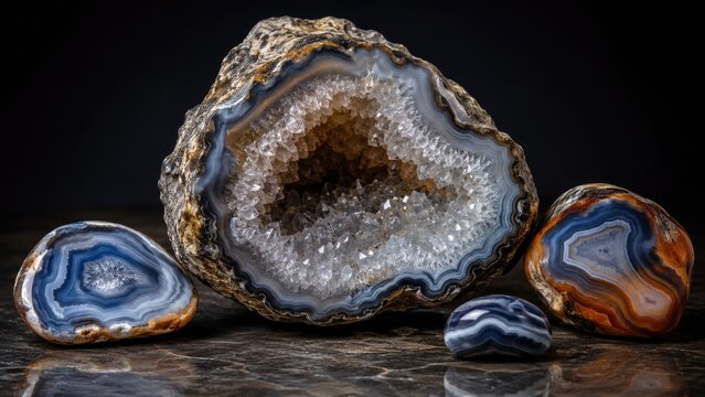 Polished banded agate slices and a crystal quartz geode with sparkling druzy interior on a reflective surface
