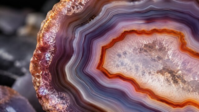 Close-up of a polished banded agate geode slice with concentric purple, orange and brown layers and a sparkling quartz crystal center