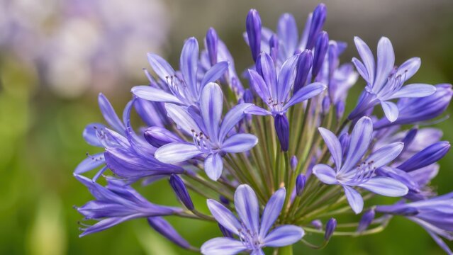 Close-up of a purple agapanthus (lily of the Nile) flower cluster with delicate petals and a soft bokeh garden background