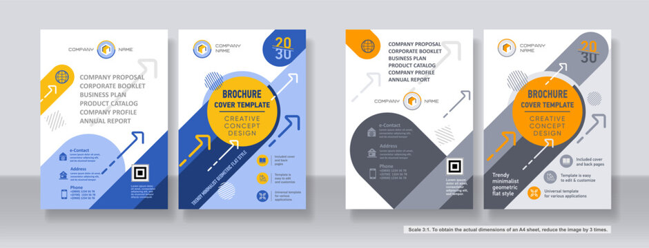 Brochure cover creative design. Multipurpose universal template, include cover and back pages. 
Trendy flat geometric style. Two sample layouts and color schemes. Vertical book a4 format. Scale 3:1