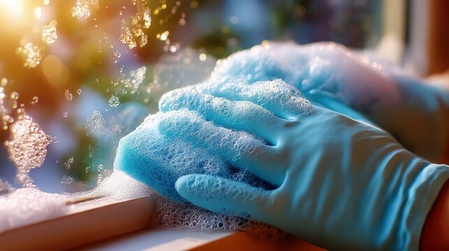 Gloved hands scrub a window with soapy suds