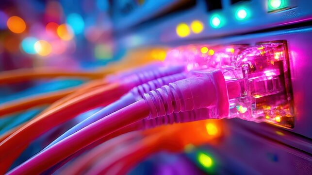Colorful cables plug into glowing network ports