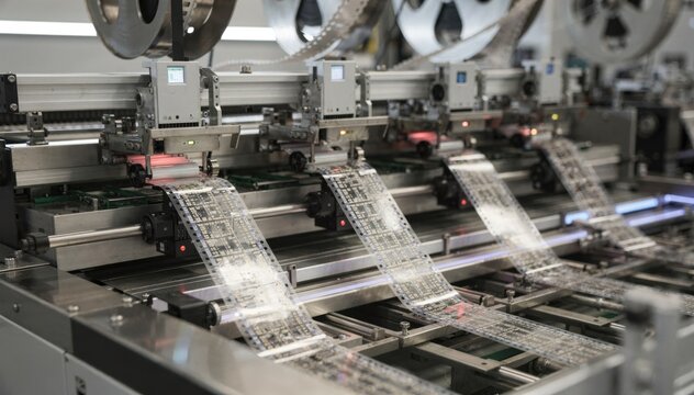 Medium shot of a reeltoreel passive component line showing the initial startup sequence with machines activating and feeding tapes of resistors and capacitors.