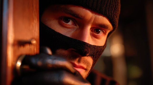Man hides behind door, eyes watch