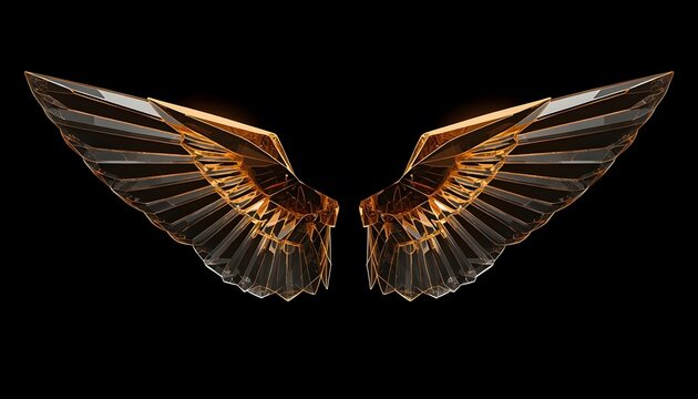 Abstract golden crystal wings spreading outward against stark black background for elegant design concept with symmetrical transparent acrylic
