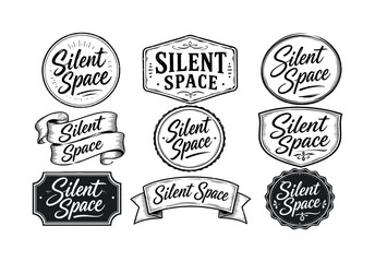 Obraz premium Silent space lettering badge collection in monochrome style, lettering, badges, silent, space, monochrome, typography, script,