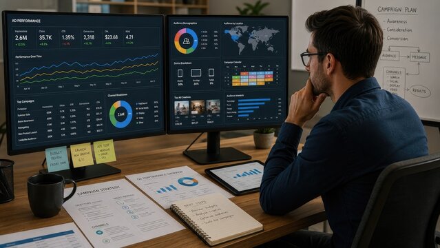 Professional analyzing data on dual monitors showing analytics dashboards, charts, reports, and campaign planning at a desk