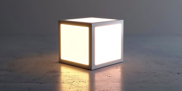 Glowing neon cube on dark futuristic floor with cinematic lighting abstract 3D technology background
