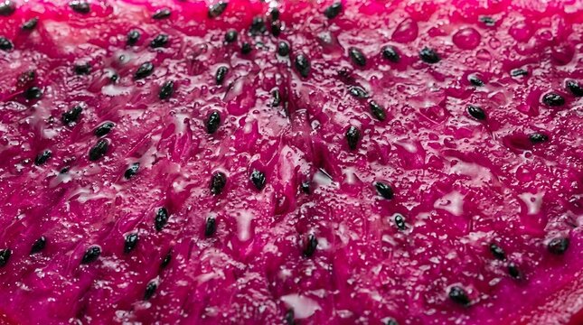 Close-up texture of fresh magenta pitaya fruit with scattered black seeds
