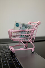 Pack of 1,000 Russian ruble banknotes in pink toy shopping cart on open laptop, online shopping and e-commerce concept © Stanislava