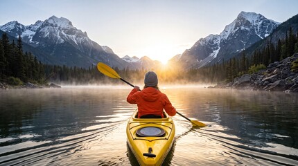 Obraz premium A person kayaking on a serene lake surrounded by snow-capped mountains at sunrise