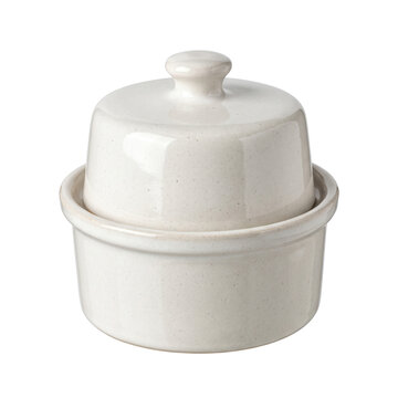 Speckled ceramic butter crock with lid with captured slightly elevated on transparent background