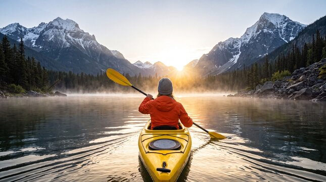 A person kayaking on a serene lake surrounded by snow-capped mountains at sunrise