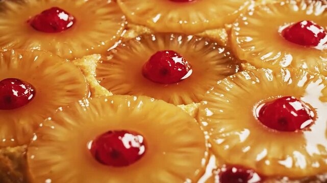 Freshly baked pineapple upside down cake with caramelized fruit rings and cherries on a glass stand