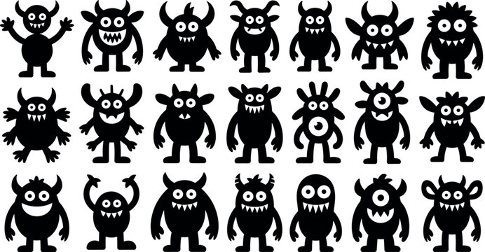 Cute cartoon monster silhouette vector character collection isolated on white background for kids Halloween design