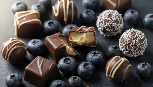 A Gourmet Chocolate Assortment with Fresh Blueberries and Decorative Drizzled Pralines
