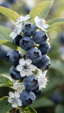 A Fresh Blueberry Branch with White Blossoms and Soft Green Leaves