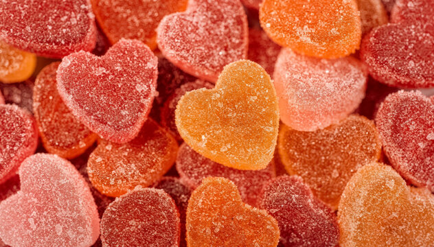 A Colorful Close-Up of Sugar-Coated Heart Gummies in Pink, Red and Orange