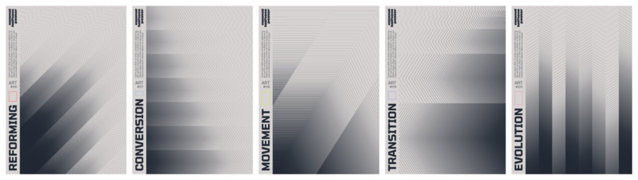 Monochrome technical line grid poster set with kinetic halftone distortion patterns, Minimalist geometric visual transformation and abstract structural evolution artwork with transition effect set 4