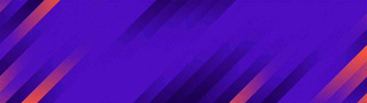 Panoramic backdrop with fast optical transition of dense diagonal slashes, dynamic geometric texture with contrasting parallel linear strokes, halftone layout with dark purple and neon orange striped