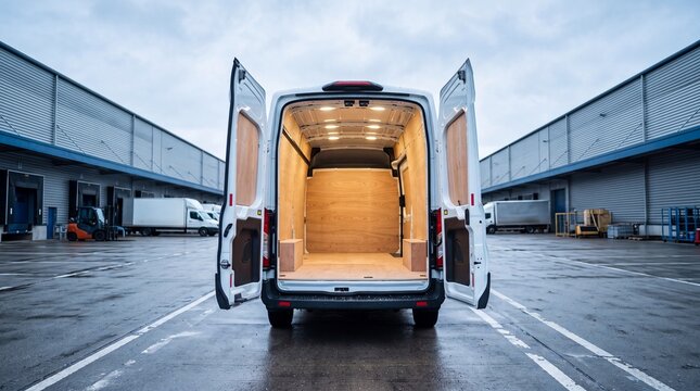 An empty white van parked in a loading bay with its rear doors open, revealing a spacious interior with wooden panels and lights, set against a backdrop of industrial buildings and a cloudy sky.