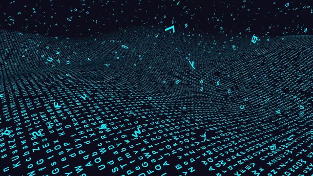 Cyan digital information code streams across a dark undulating network map in a seamless 3D animation loop for advanced neural dataviz projects