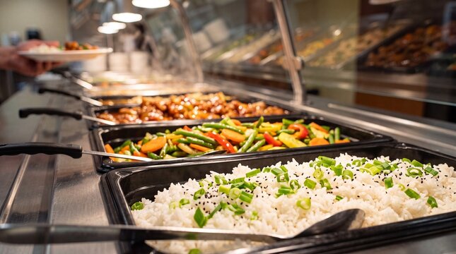 A person serving themselves a variety of food from a buffet table with multiple dishes