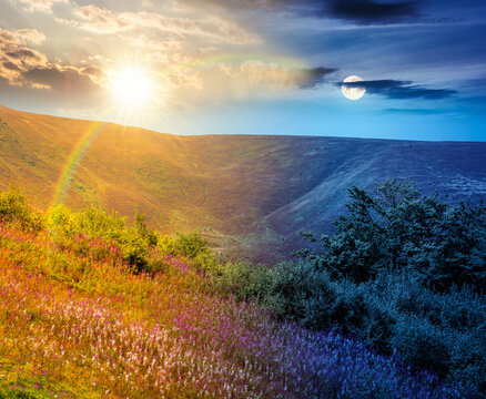 carpathian mountain landscape. travel ukraine on summer solstice. slopes mountain ridge in august at twilight. wonderful carpathian adventure with sun and moon on epic sky