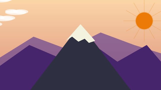 Minimalist mountain landscape animation with moving clouds and sun, 2 d flat motion 4k flat animation