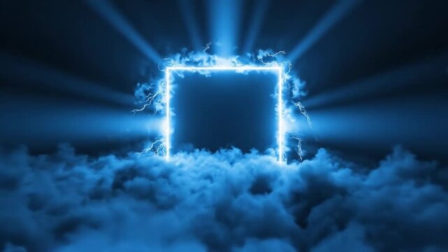Futuristic blue light portal frame surrounded by thick clouds and electric lightning strikes
