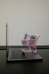 Pack of 5000 Serbian dinar banknotes in pink toy shopping cart with RSD money on open laptop, online shopping and e-commerce concept © Stanislava