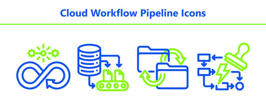 Cloud Workflow Pipeline Icons kit presenting infinity loop database conveyor belt file folder transfer and approval stamp flow