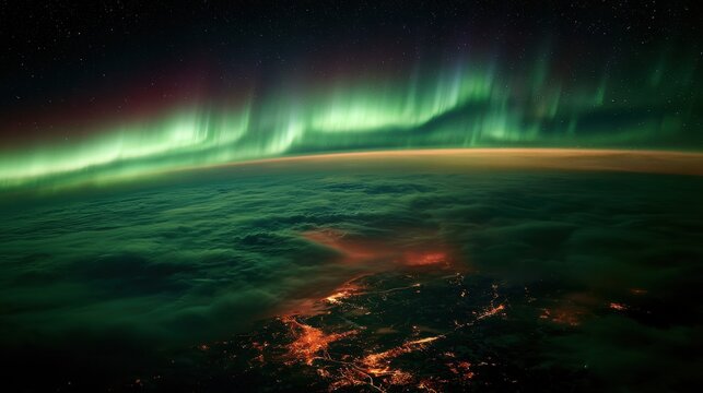 Aurora borealis seen from airplane above clouds, green northern lights aerial view