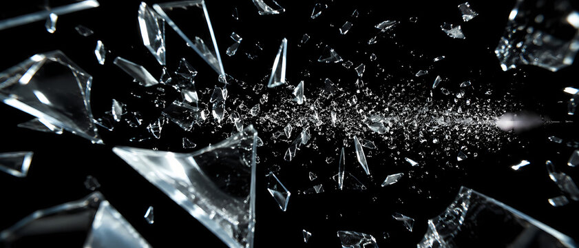 Sharp shards of broken glass exploding and flying through the air, isolated on a black background.