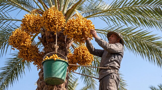 A man in a hat picking dates from a palm tree with a green bucket hanging from a rope.