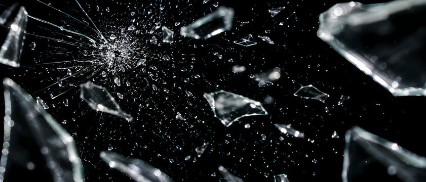 Sharp shards of broken glass exploding and flying through the air, isolated on a black background.