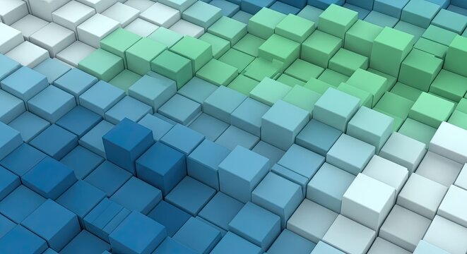 Abstract blue and green 3D geometric cube landscape.