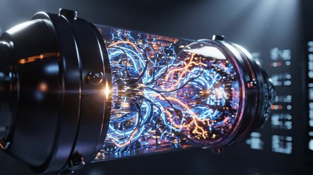 Futuristic capsule with glowing blue and orange neural networks inside a high-tech laboratory