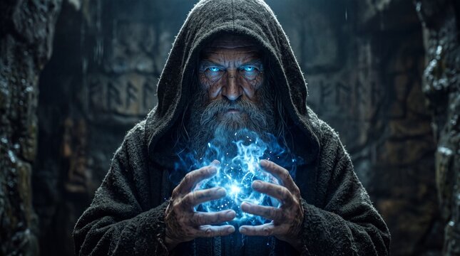 A mystical old wizard with glowing blue eyes and a long beard conjures magic in a dark ancient stone cave.