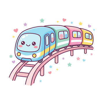 Colorful passenger monorail train on an elevated track