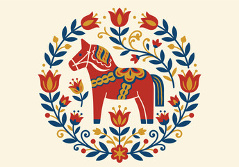 Folk art vector illustration of a traditional Dala horse standing inside a symmetric circular wreath frame of tulips and leaves in a Swedish Scandinavian style © GraphicGalaxy