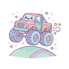 Joyful pink and purple monster truck jumping over a hill © Dawnside Graphic