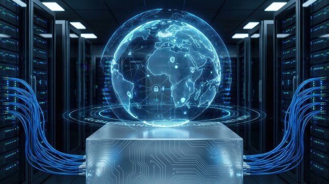 Digital globe banking security for a blue financial network technology. Global planet for international money transfer and cyber