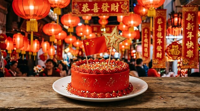Chinese national day celebration red velvet cake with flag and lanterns festive holiday scene
