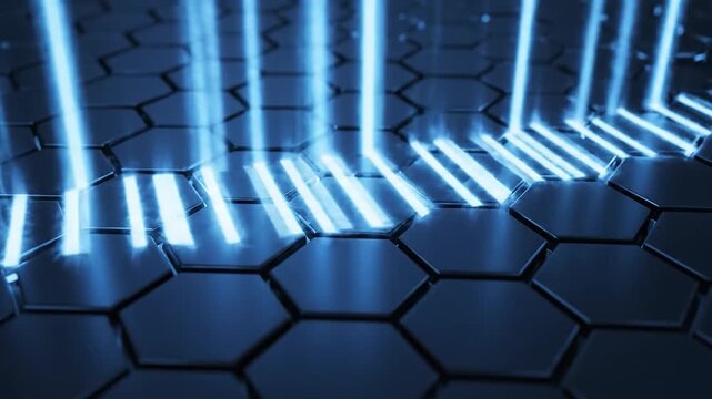 Futuristic dark blue hexagon pattern with glowing light waves and digital energy sequences