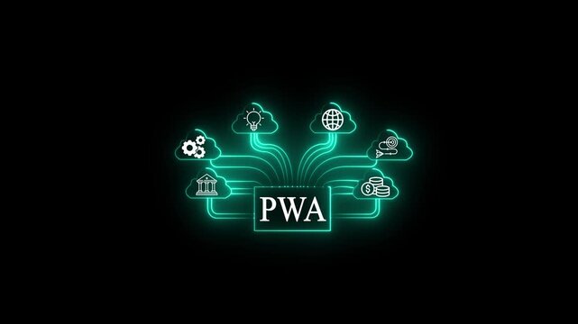 Glowing neon green digital network diagram showcasing PWA platform connecting cloud services like finance, strategy, global technology, and business integration.
