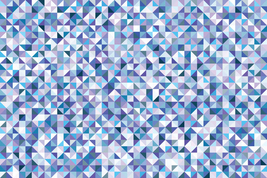 Abstract vector background featuring a geometric pattern of small blue and purple triangles and squares on a white grid. Modern tech-style mosaic texture.