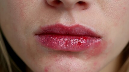 Fototapeta premium Close-up of lips with red lipstick and glittery texture
